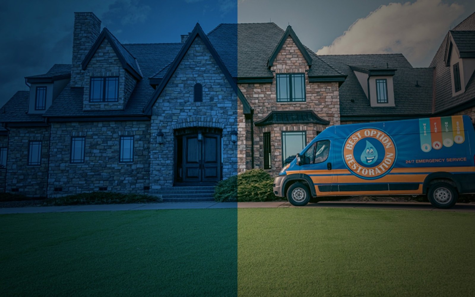 Illustrative example: the same house restored after storm damage, with a Best Option Restoration van out front