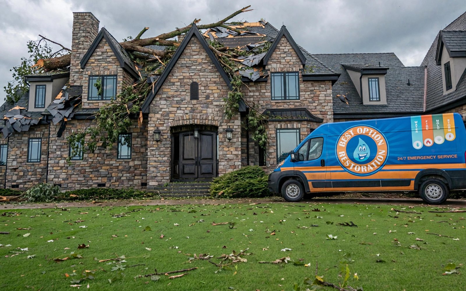 Illustrative example: the same house with a fallen tree across its roof and storm debris before restoration