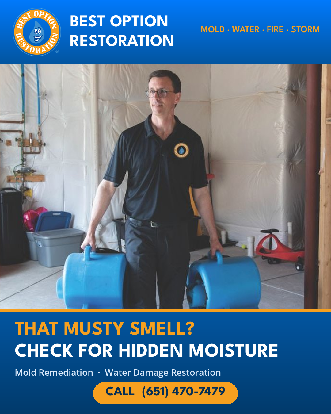 Best Option Restoration social graphic: technician carrying drying equipment, headline That Musty Smell? Check for Hidden Moisture