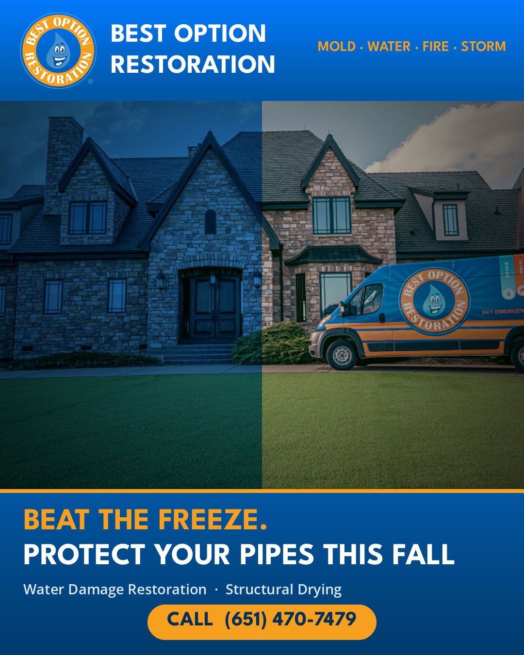 Best Option Restoration social graphic: home and branded van, headline Beat the Freeze. Protect Your Pipes This Fall
